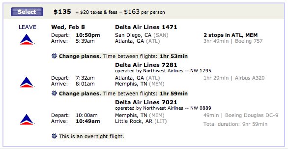 Screenshot showing a flight from San Diego to Little Rock with layovers in Atlanta and Memphis for $135